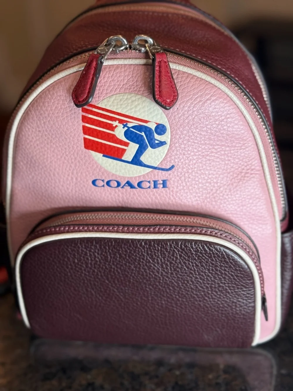Coach Pink and Burgundy Colorblock Leather Mini Court Backpack Skiing